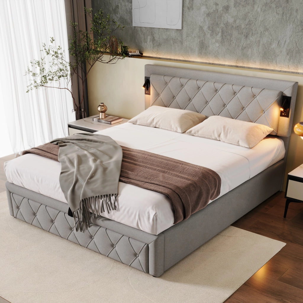 Letto imbottito matrimoniale 160x200 con luci laterali, porte USB, contenitore e rete a doghe in legno, grigio