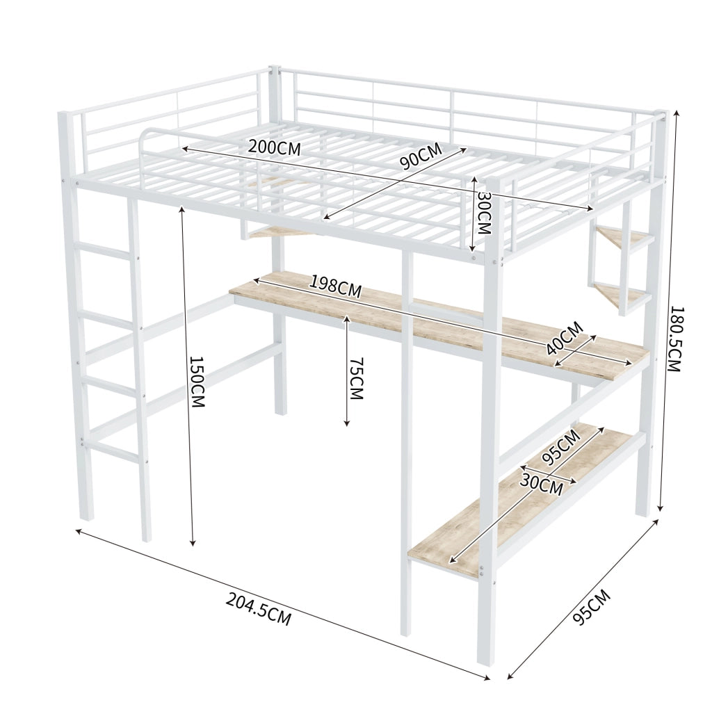 Letto a soppalco 90x200 cm con scrivania e libreria; metallo; bianco
