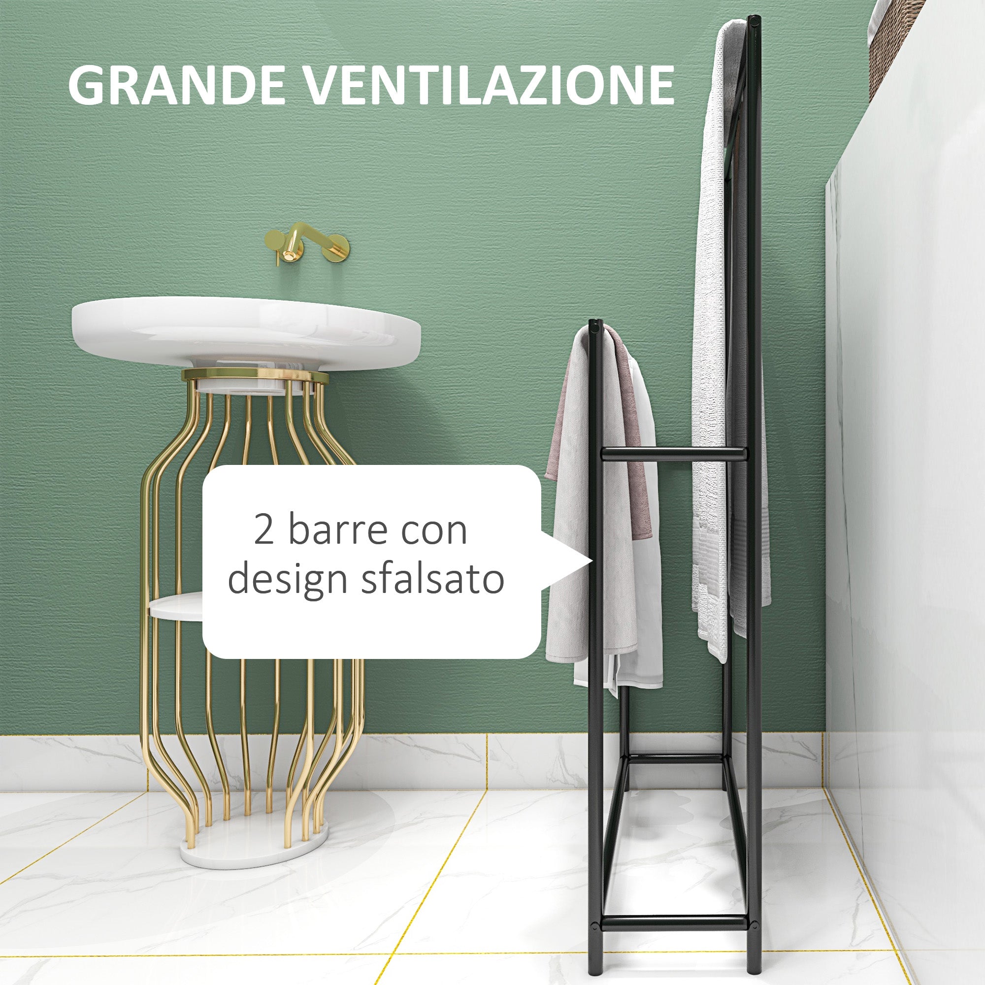 Portasciugamani da Terra a 2 Bracci Autoportante 66x20x110 cm in Metallo Nero
