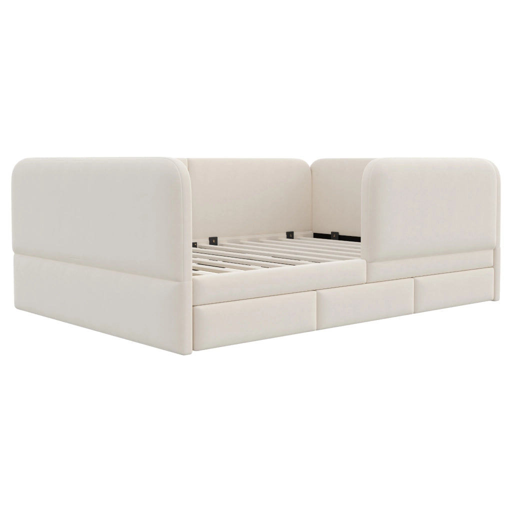 Letto imbottito per bambini 140x200 cm con bordo di sicurezza; angoli arrotondati e cassetto; velluto beige