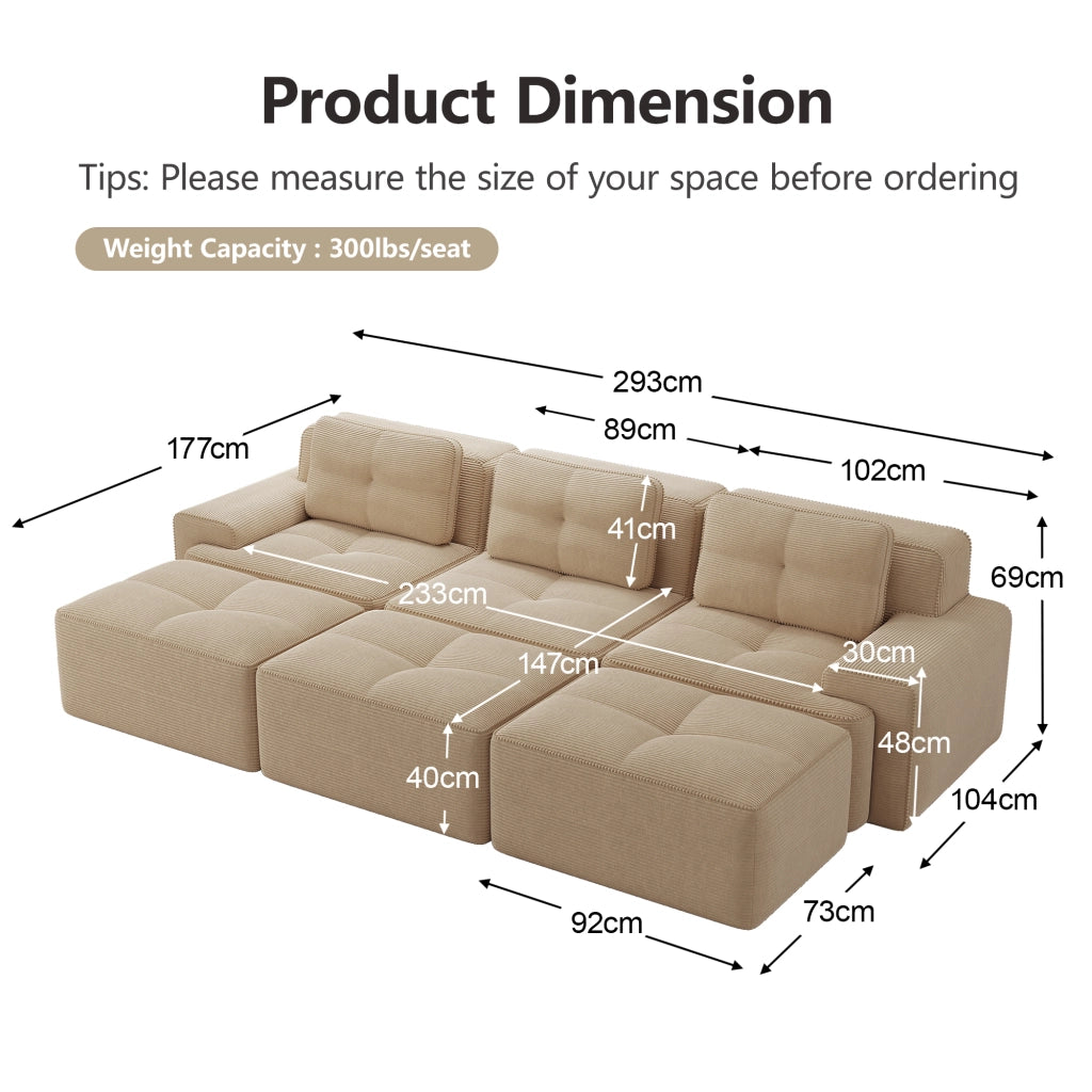 Divano Angolare Modulare 3 Posti con Letto ¨C MINIMAL ¨C Tessuto a Coste Beige con Pouf