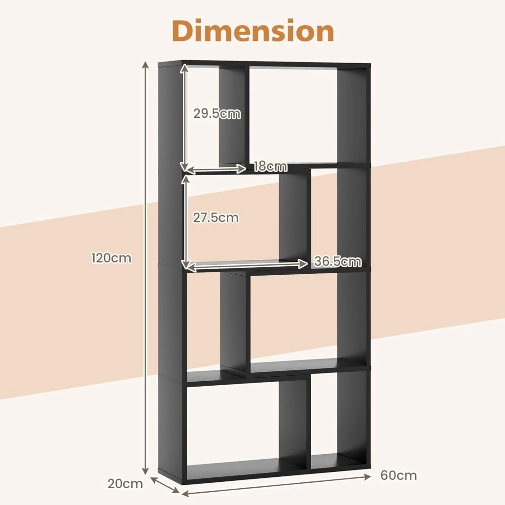 Libreria con 8 scomparti, scaffale divisorio 60 x 20 x 120 cm, scaffale in legno con 2 dispositivi di protezione antiribaltamento, scaffale a cubi per soggiorno e cameretta per bambini (Nero)