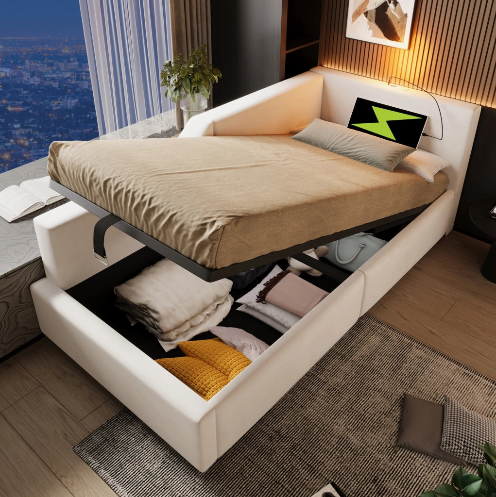 Letto da giorno 90x200 cm con contenitore idraulico, USB-C e lampada beige
