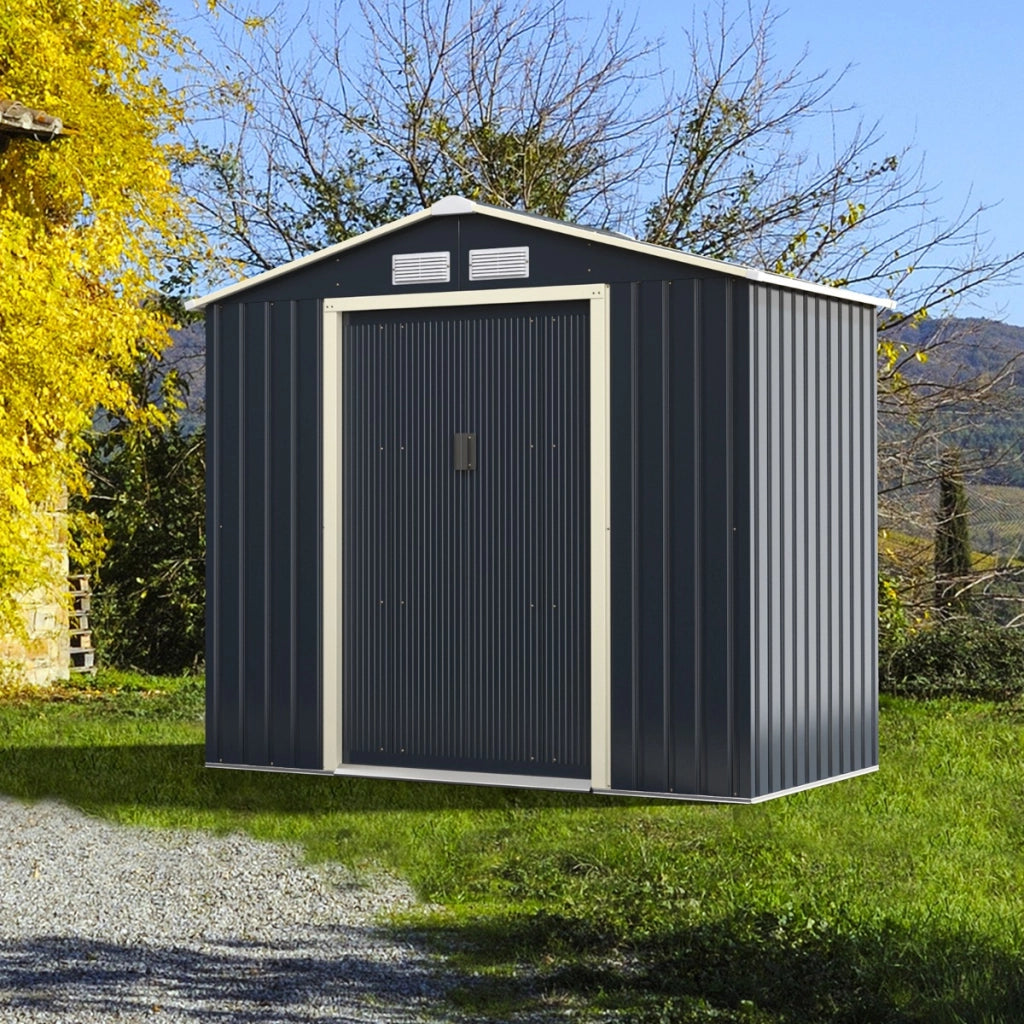 Capanno degli attrezzi di metallo con 4 sfiati e ante singole scorrevoli, Casetta da giardino 213x127x195cm-Casette da giardino