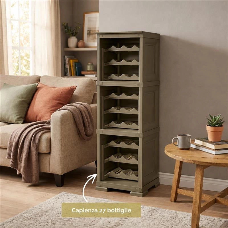 SCAFFALE PORTABOTTIGLIE 27 BOTTIGLIE WENGÉ 40X42,5X125 CM – CANTINETTA A VISTA 3 MODULI PER CUCINA E ZONA PRANZO