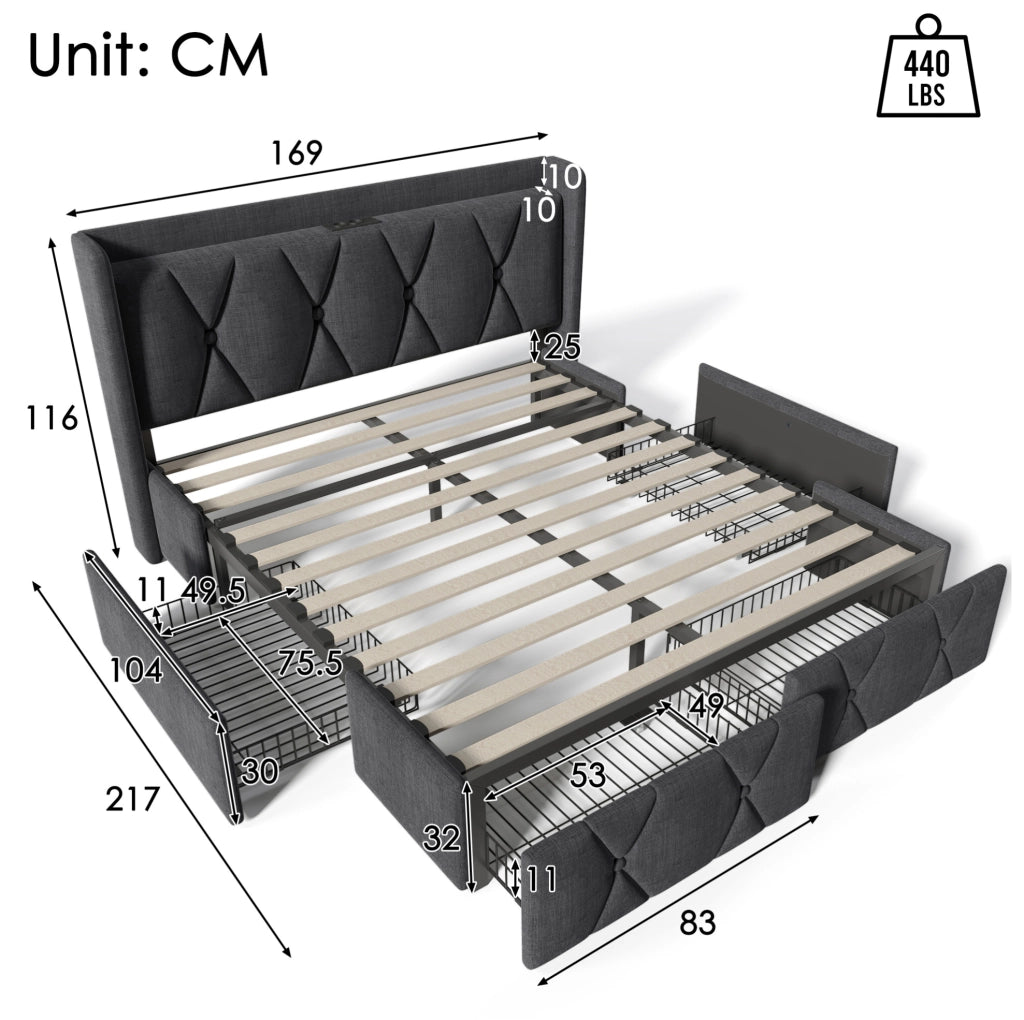 Letto matrimoniale imbottito 160x200 cm grigio con 4 cassetti e USB