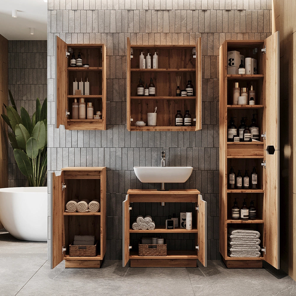 Vicco Set di mobili da bagno Rovere/grigio a righe 3 parti