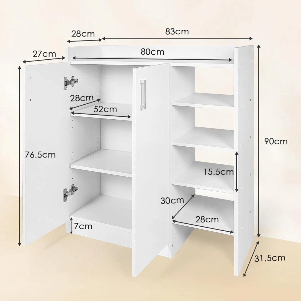 Mobile scarpe con ampio vassoio, armadio chiuso, 2 ripiani interni regolabili e 4 ripiani aperti, armadio a scarpe stile moderno per ingresso, corridoio, soggiorno (bianco)