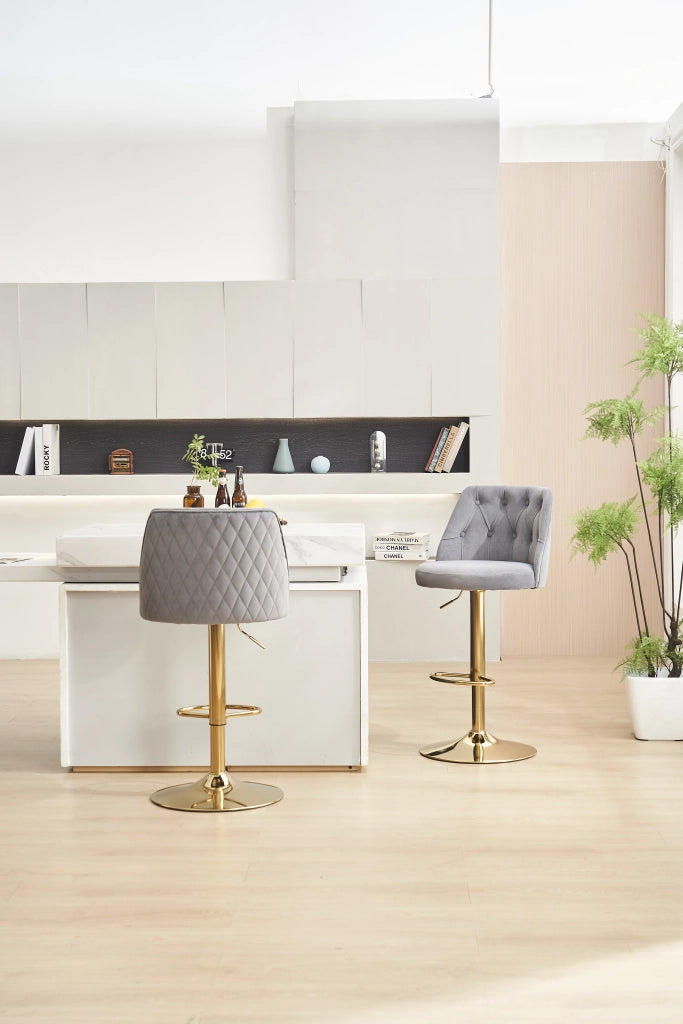 Sgabello da Bar Girevole ¨C MINIMAL ¨C Velluto Grigio, Schienale, Poggiapiedi, Altezza Regolabile, Set 2 Pezzi