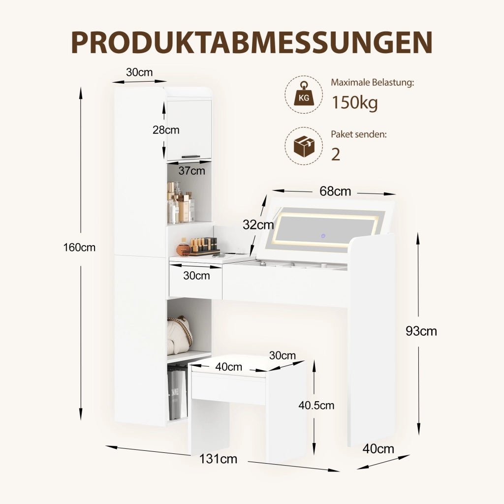 Toeletta con specchio LED pieghevole tre luci USB armadio laterale e sgabello bianca 131 × 40 × 160 cm
