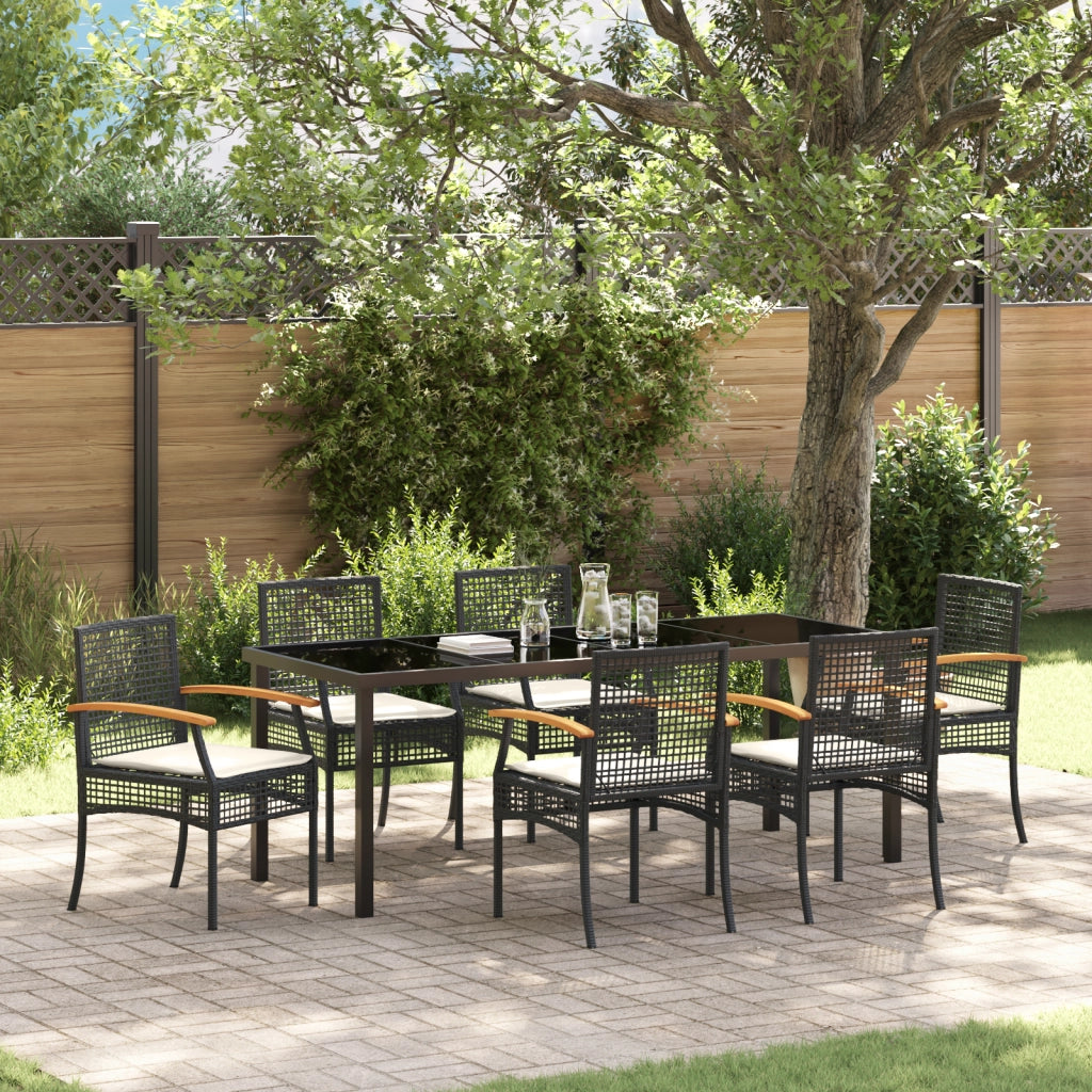 Set di 7 Sedie da Pranzo da Giardino con Cuscini in Polyrattan Nero