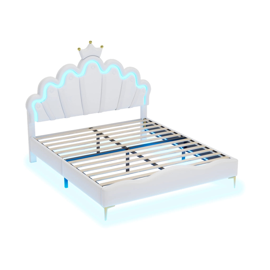 OKWISH Letto Matrimoniale 140×200 cm con LED Regolabile e Testiera Corona, Altezza Regolabile, senza Materasso, in PU, Bianco