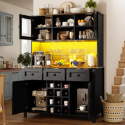 OKWISH Credenza Alta da Cucina con 4 Ante e 3 Cassetti, LED, Prese e Porte USB, per Cucina o Soggiorno, 120×40×170 cm