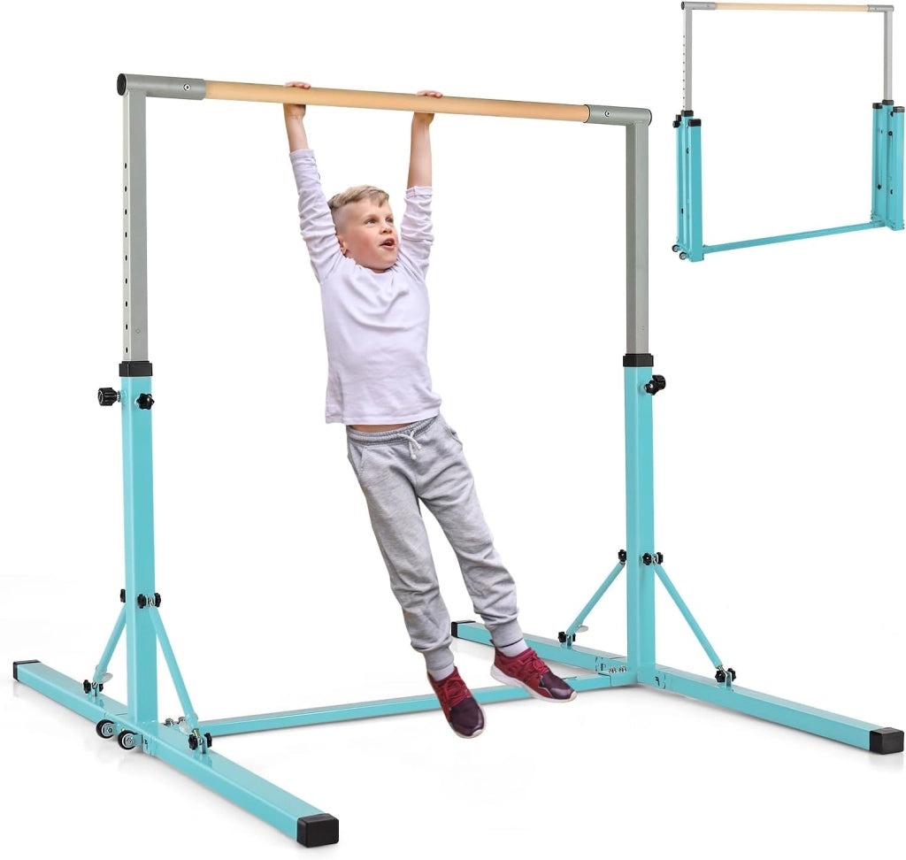 Barra per Ginnastica e Danza per Bambini e Bambine Pieghevole e Portatile, Sbarra Parallela in Metallo e Legno con 13 Altezze Regolabili, Ruote e Cuscinetti Antiscivolo, Portata 100 kg