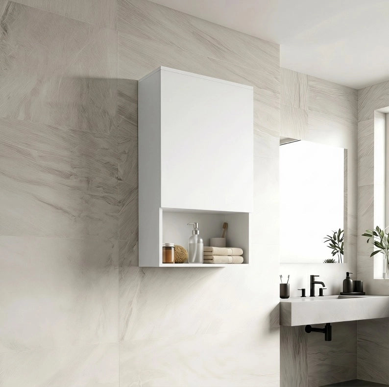 Mobile bagno sospeso bianco con anta, ripiani regolabili e vano aperto