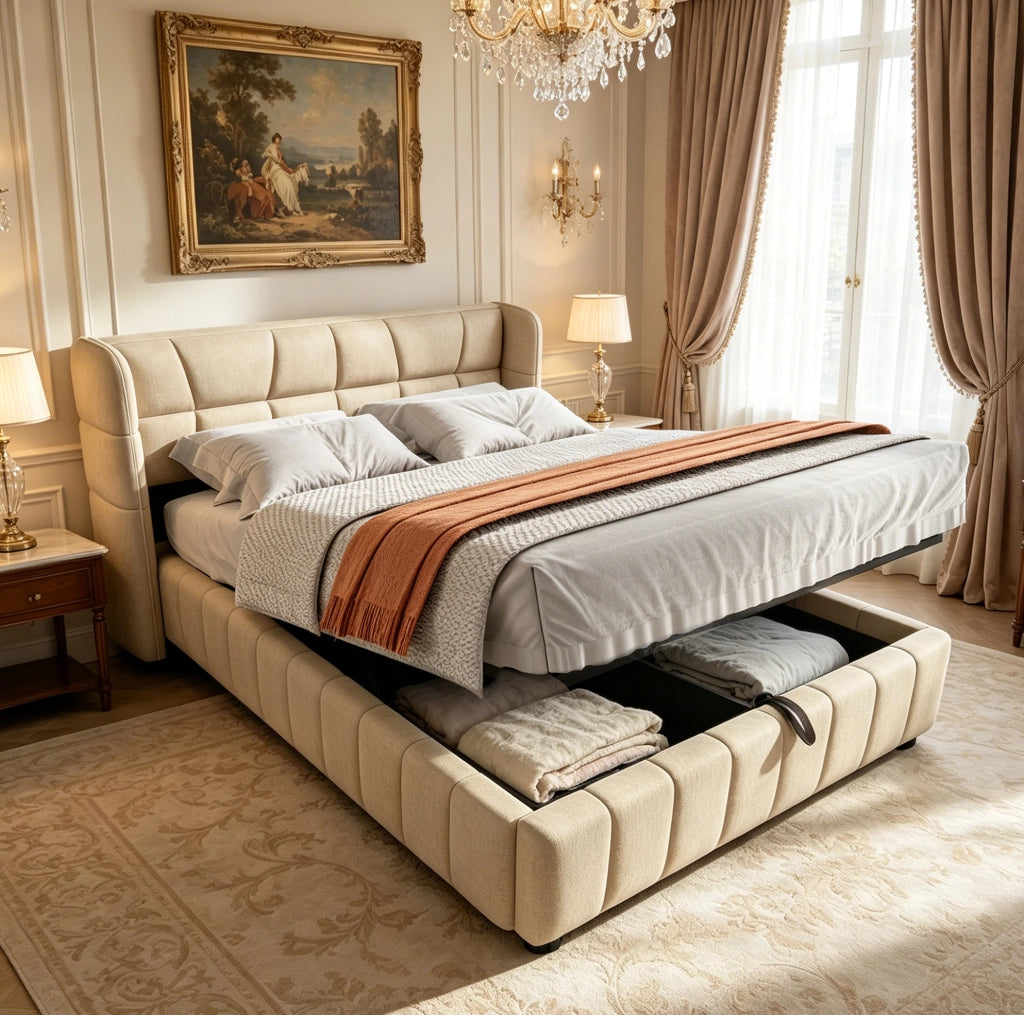 Letto imbottito contenitore 140x200 cm beige con sollevamento