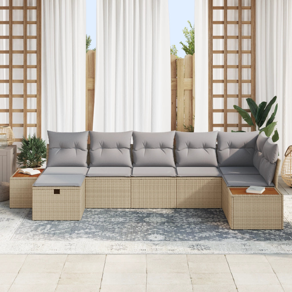 Set da Giardino di 7 Pezzi con Cuscini Beige Polyrattan