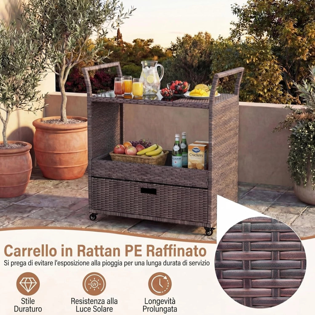Carrello Bar in Rattan PE, Tavolo Bar da Esterno con Ruote, Ripiano Aperto, Cassetto e Piano in Vetro Temperato, Carrello di Servizio con Maniglie per Giardino, Cortile, Piscina, 85 X 47 X 92 CM