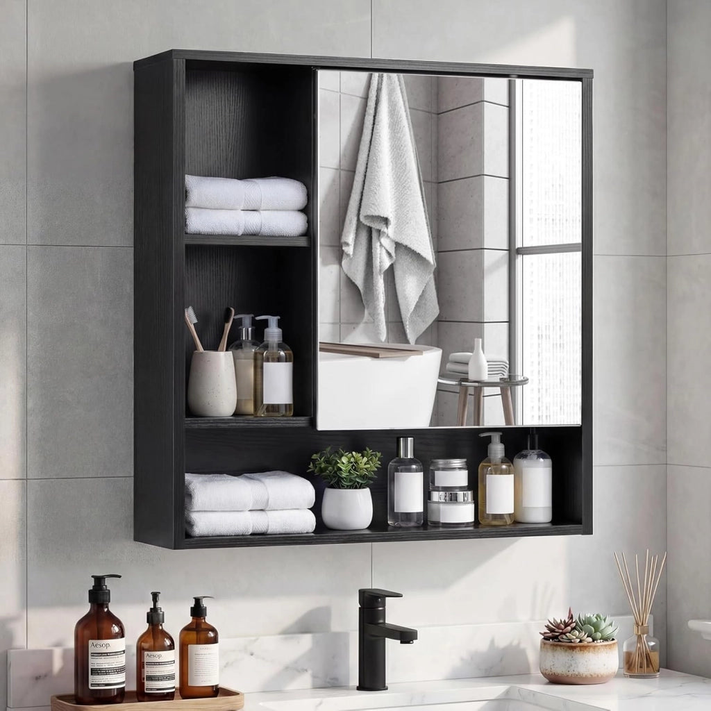 Mobile Bagno con Specchio, Specchio Bagno Contenitore con Porta Singola e 3 Ripiani Aperti, Mobiletto Salvaspazio in Legno per Lavanderia e Ingresso, 56 x 16 x 61 cm (Nero)