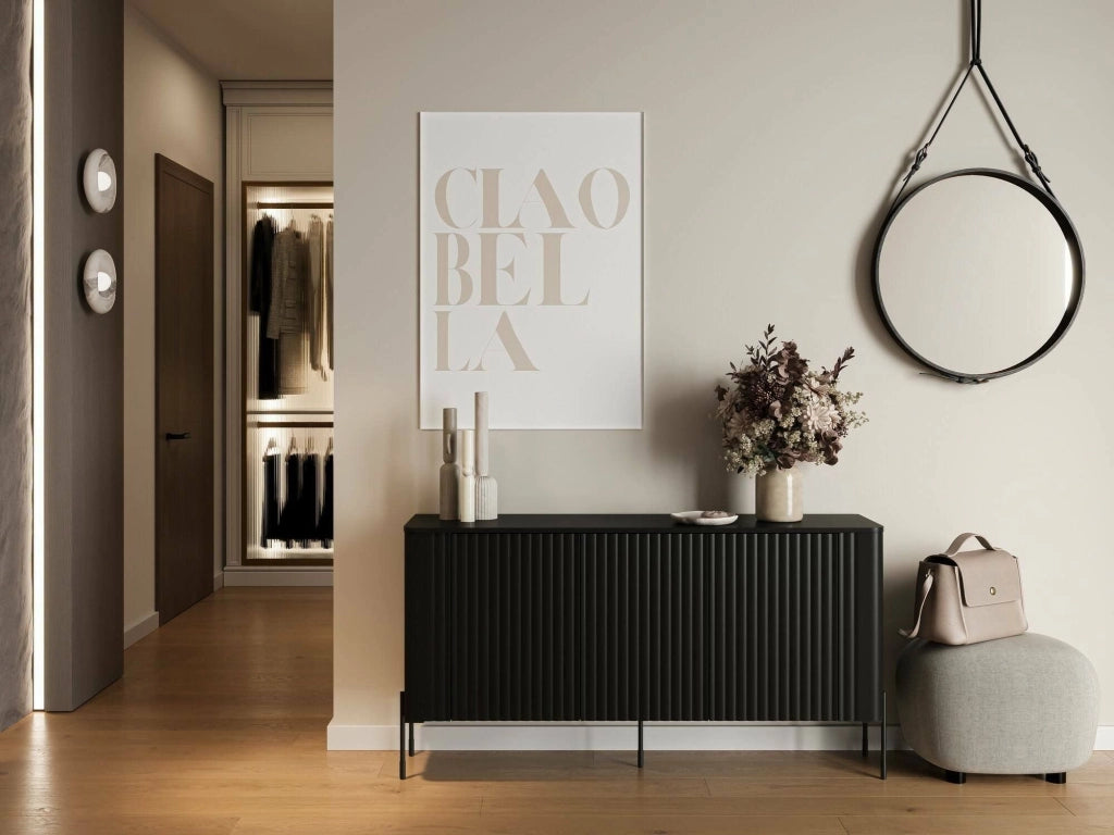 Credenza Susegana, Madia da salotto con tre ante battenti, Rialzata da terra, 150x40 h80 cm, Nero