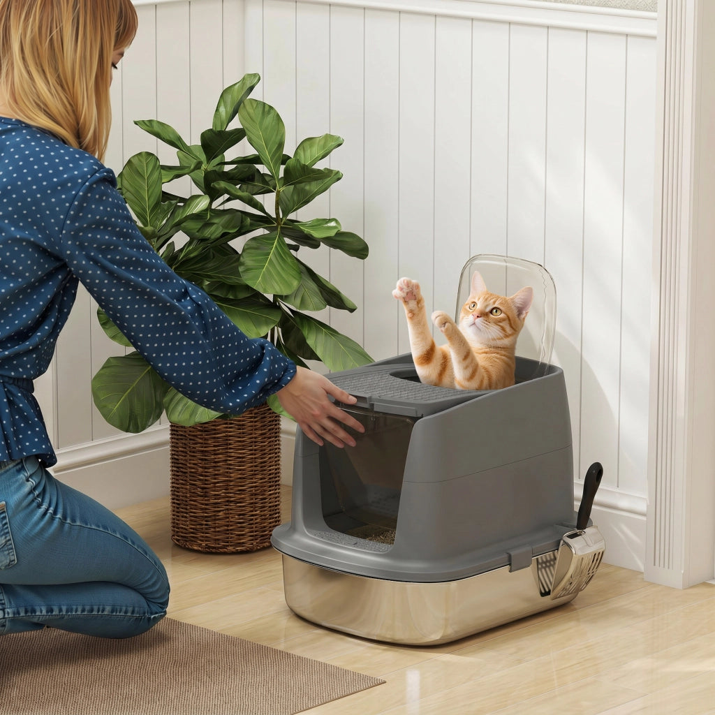 Lettiera per Gatti Chiusa in Acciaio Inox ¨C Xylo ¨C con Paletta Metallica e Sacchetti Deodoranti, Grigio Scuro