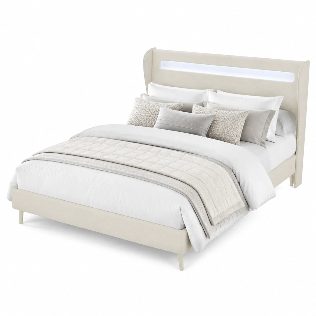 Letto imbottito con LED regolabili, 140x200 cm, tessuto e metallo, beige