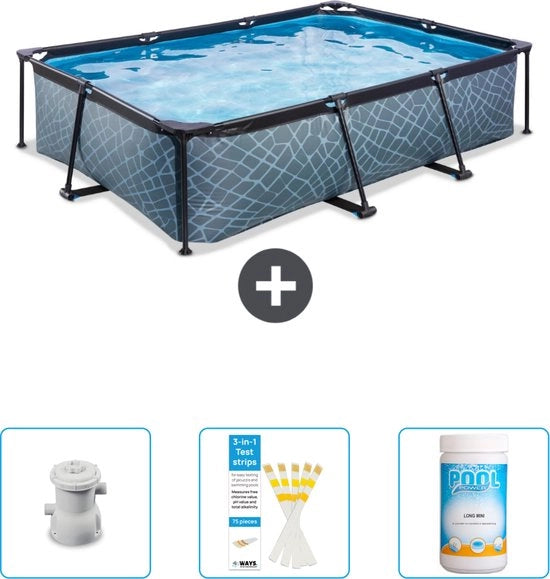 Piscina a forma rettangolare con cornice di pietra - 300 x 200 x 65 cm - Inclusa pompa - Testine - Cloro - Ora a prezzo speciale