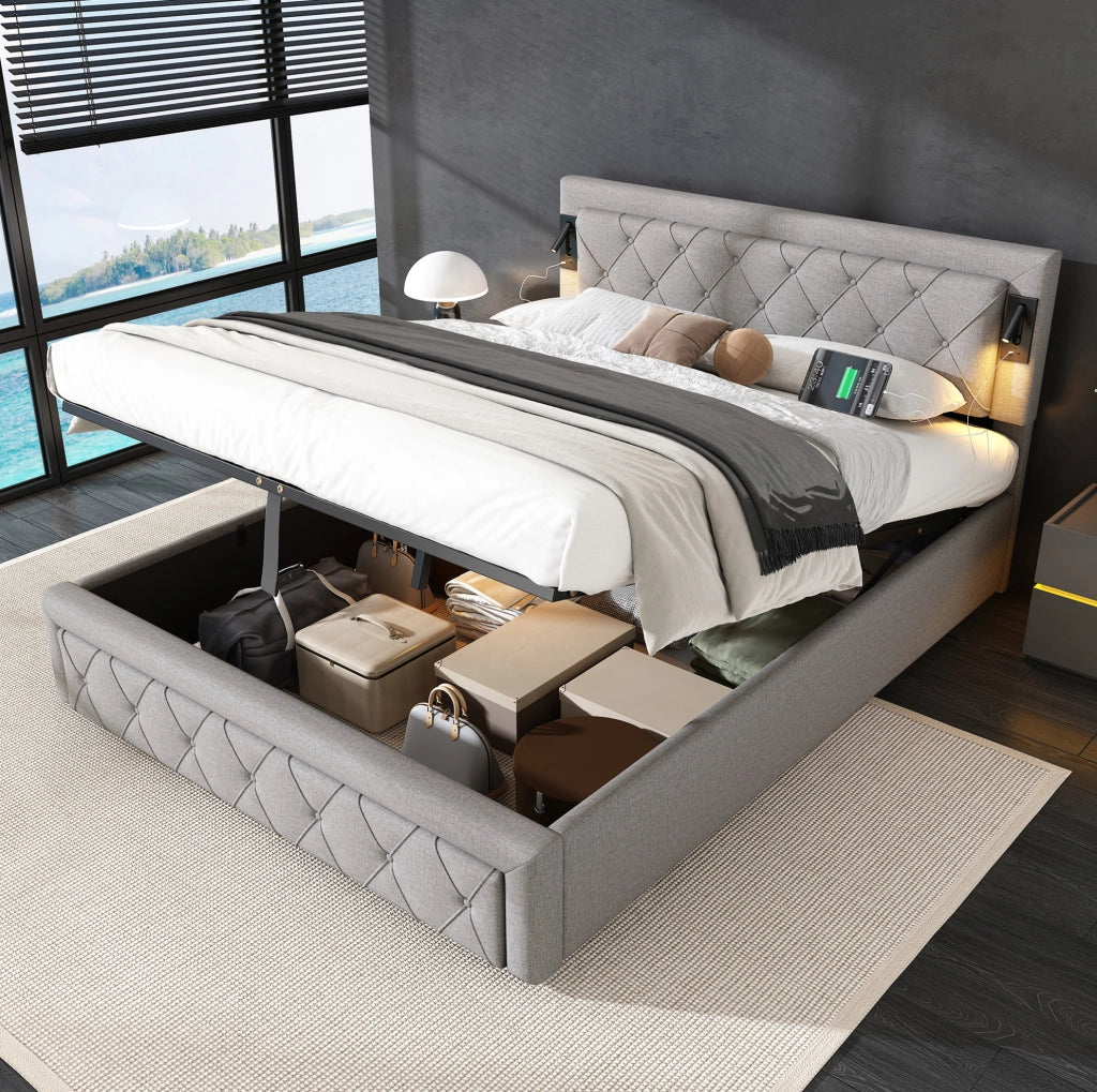 Letto matrimoniale imbottito con contenitore, illuminazione e prese USB grigio
