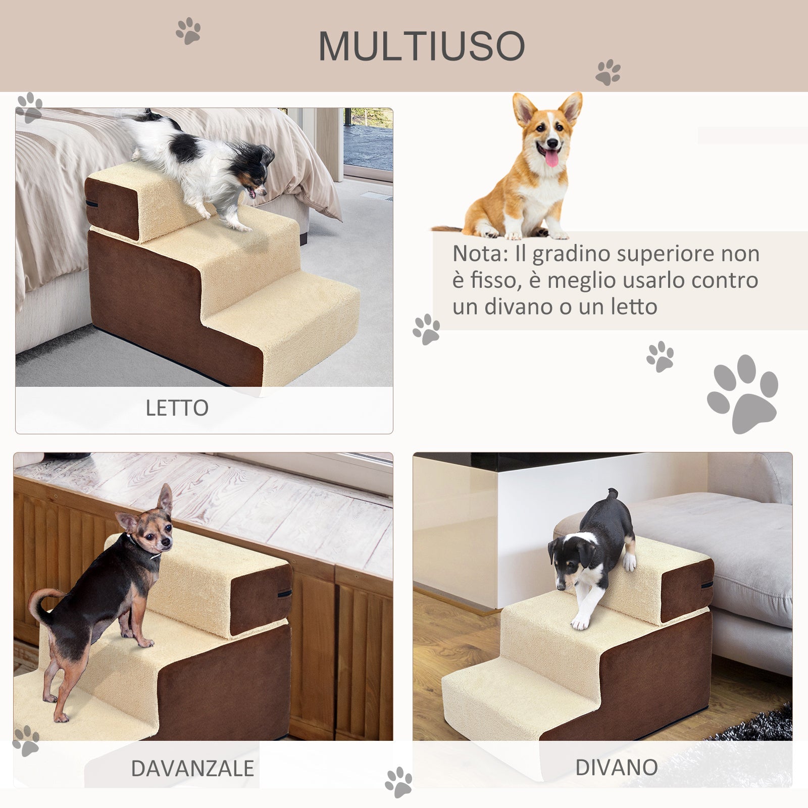 Scala 3 Gradini per Animali Domestici 54x54,5x23 cm  Friendly Beige e Marrone