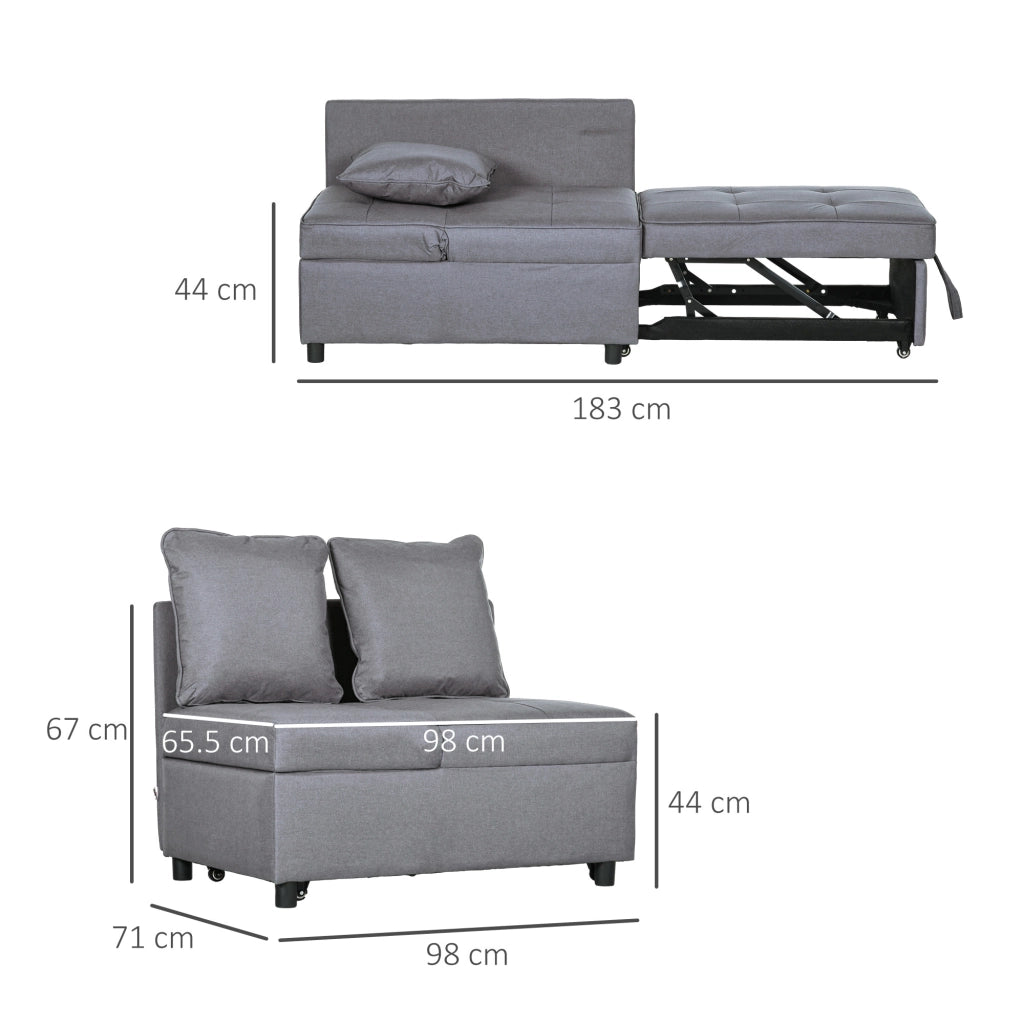 Poltrona Letto 3 in 1 con Schienale Reclinabile, in Tessuto Effetto Lino e Legno, 98x71x67 cm, Grigio Scuro