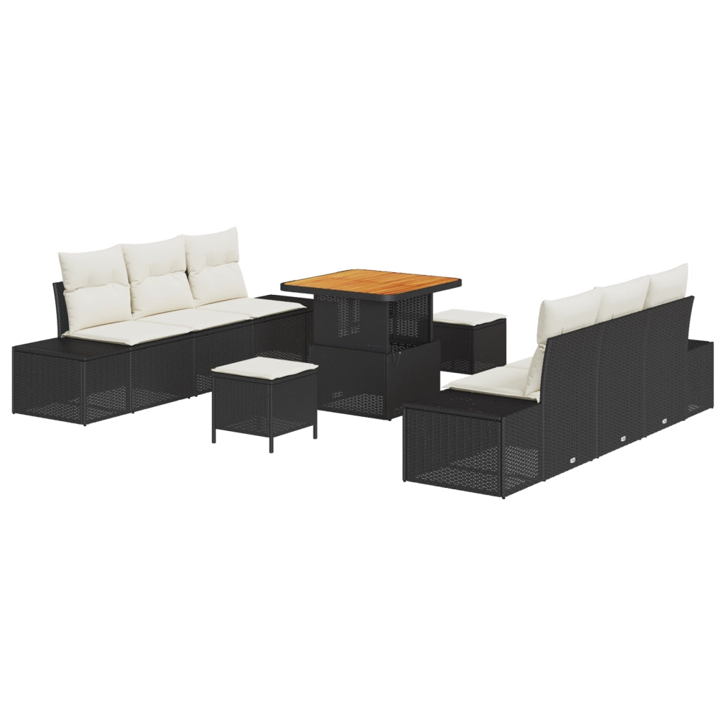 Set Divano da Giardino 9 Pezzi con Cuscini Nero Polyrattan Acacia