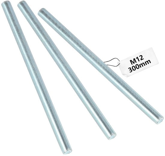 Set di Stanghe a Vite M12 x 300 mm - Confezione da 3 - Acciaio Zinato - Stanghe a Vite - Classe di Resistenza 4,8 - Alta Durezza - Stanghe a Vite a Vite M12