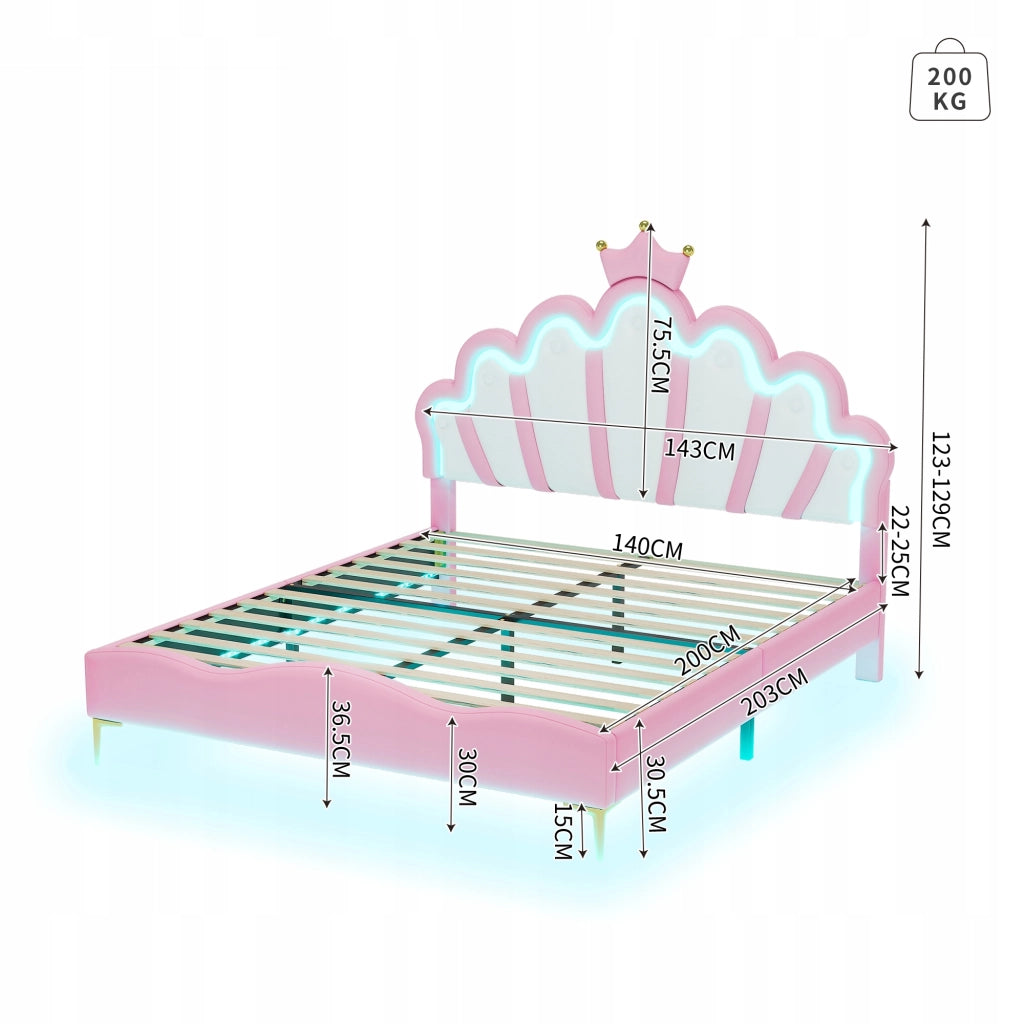Letto 140x200 rosa con corona e LED - Xylo - Senza materasso