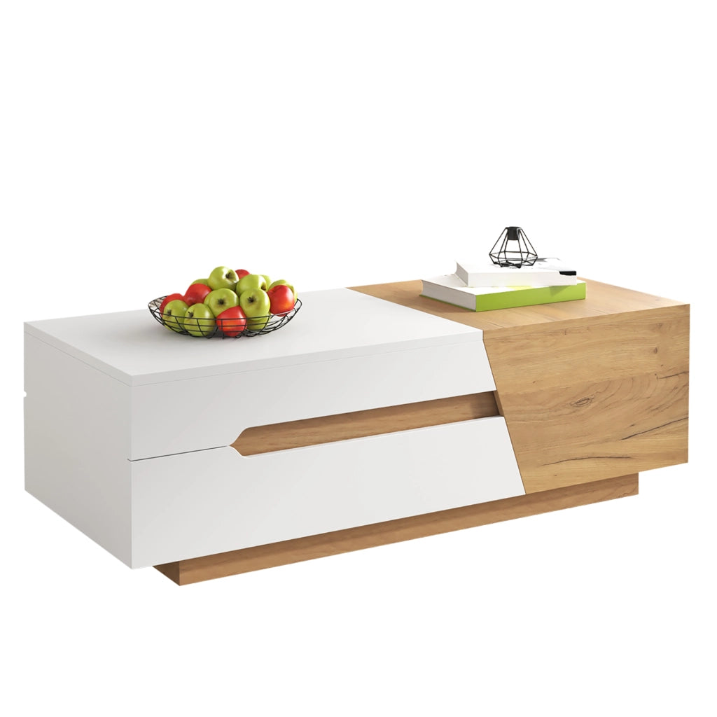 TAVOLINO DA SALOTTO Scorrevole 120x50x37,5 cm MDF Bianco e Naturale con 2 Cassetti