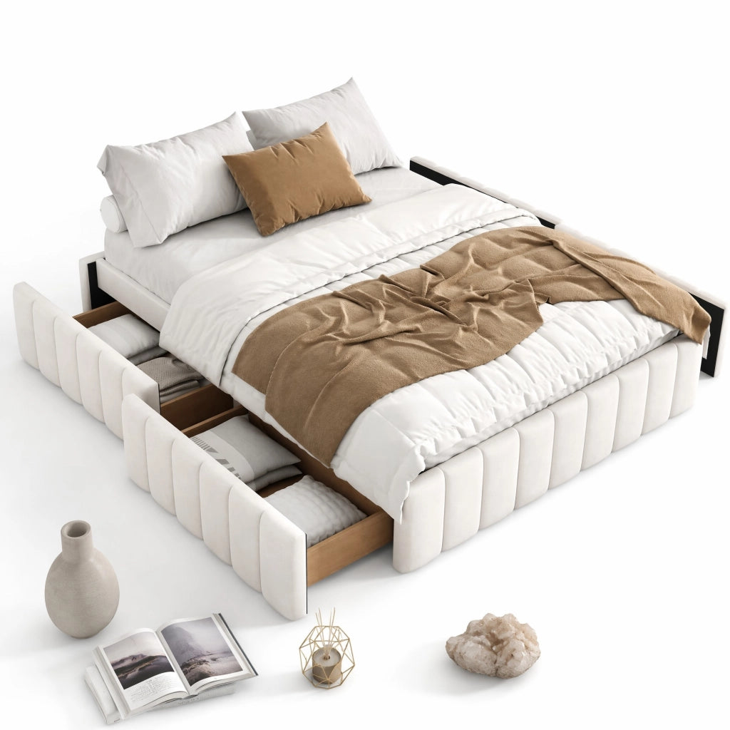 Letto imbottito 140 x 200 cm in velluto beige con 4 cassetti e rete a doghe