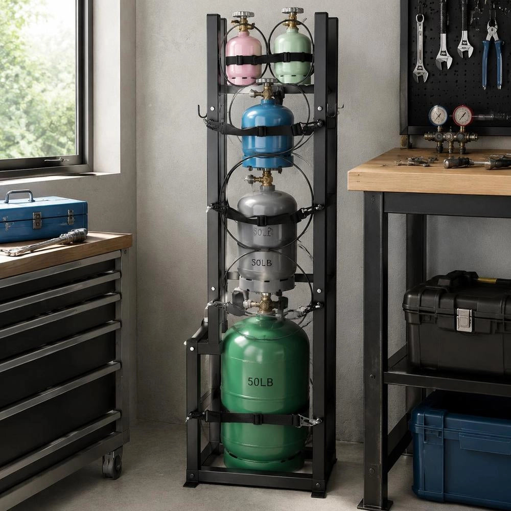 Refrigerant Tank Rack, With 1 X 50 Lbs, 2 X 30 Lbs And 3 Additional Small Bottle Tanks, Cylinder Tank Rack 15.55 X 12.99 X 49.8 Inches, Refrigerant Cylinder Rack And Brackets For Freon, Gases