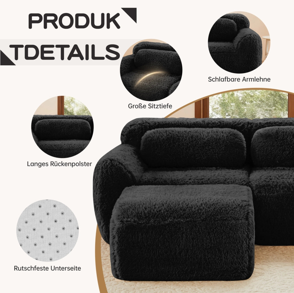 Divano modulare angolare a U 378x179x73 cm in tessuto peluche nero; senza montaggio