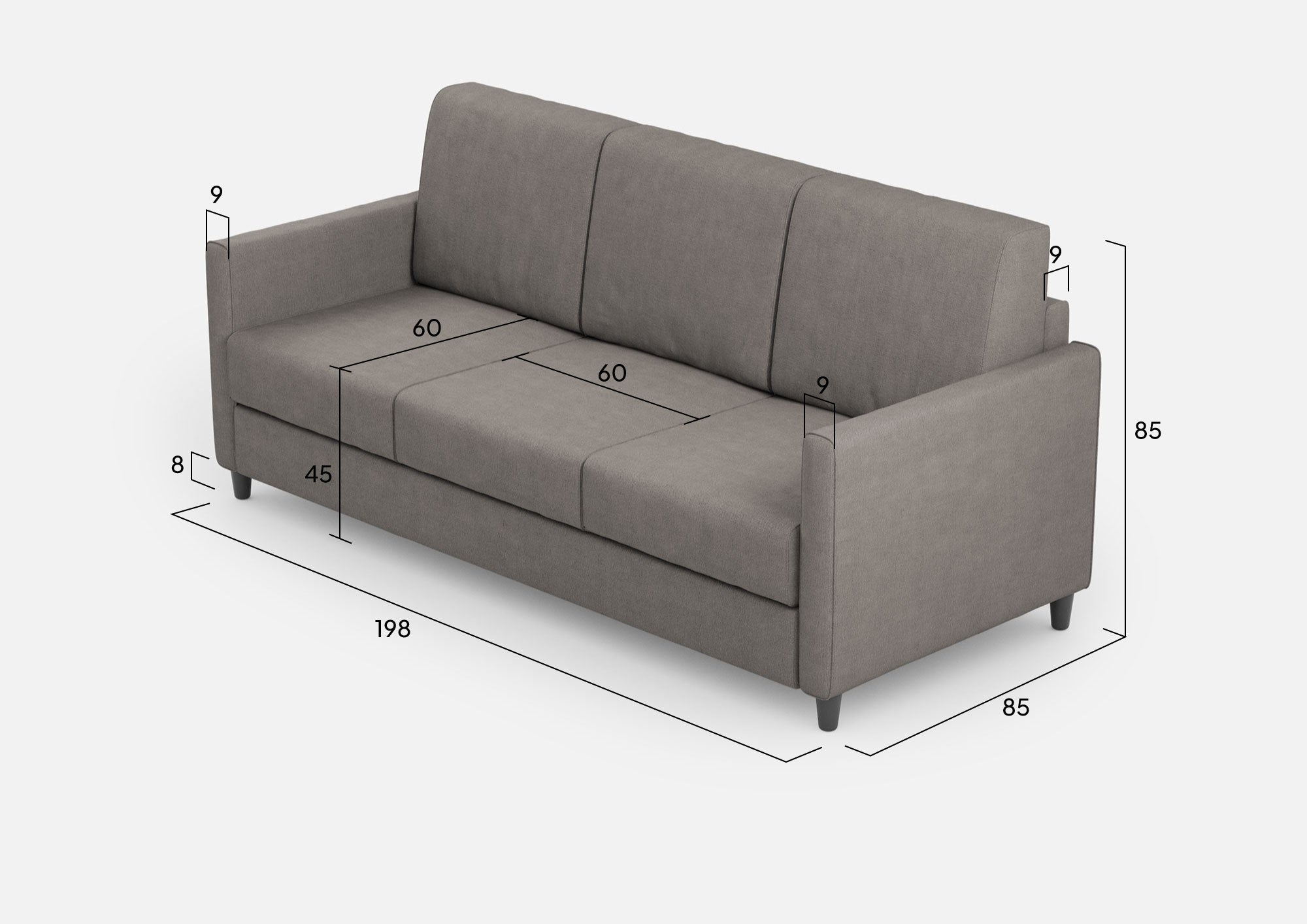 Divano 3 Posti 198x85x85 cm Karay in Tessuto Grigio