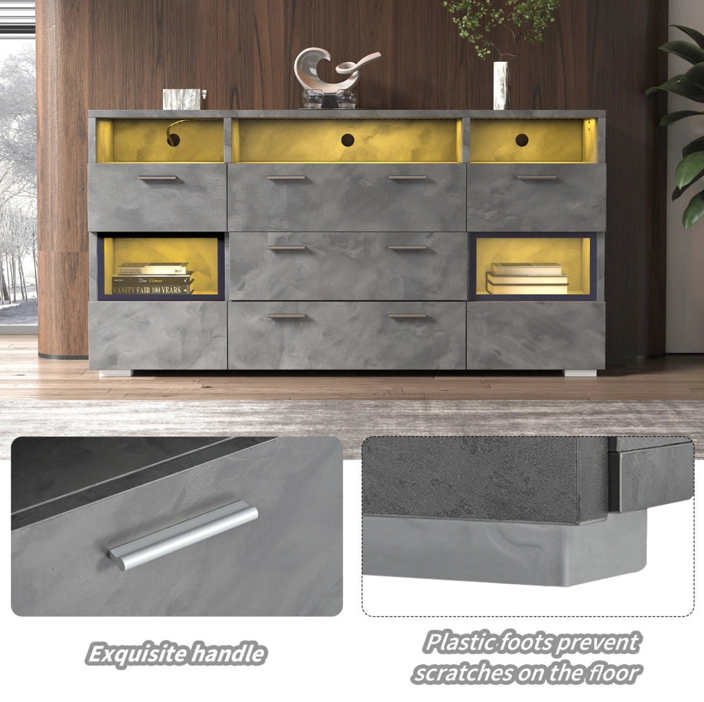 Sideboard grigio 140 cm con LED; 2 ante in acrilico; 3 cassetti e 3 vani aperti