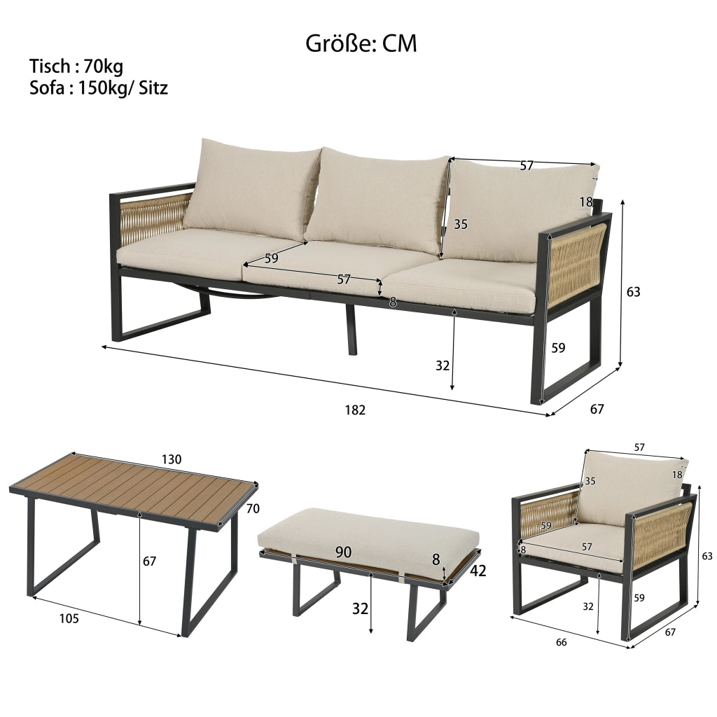 Set Salotto da Giardino 5 Pezzi con Divano, 2 Poltrone, Pouf e Tavolo ¨C MINIMAL ¨C Beige, Acciaio Zincato