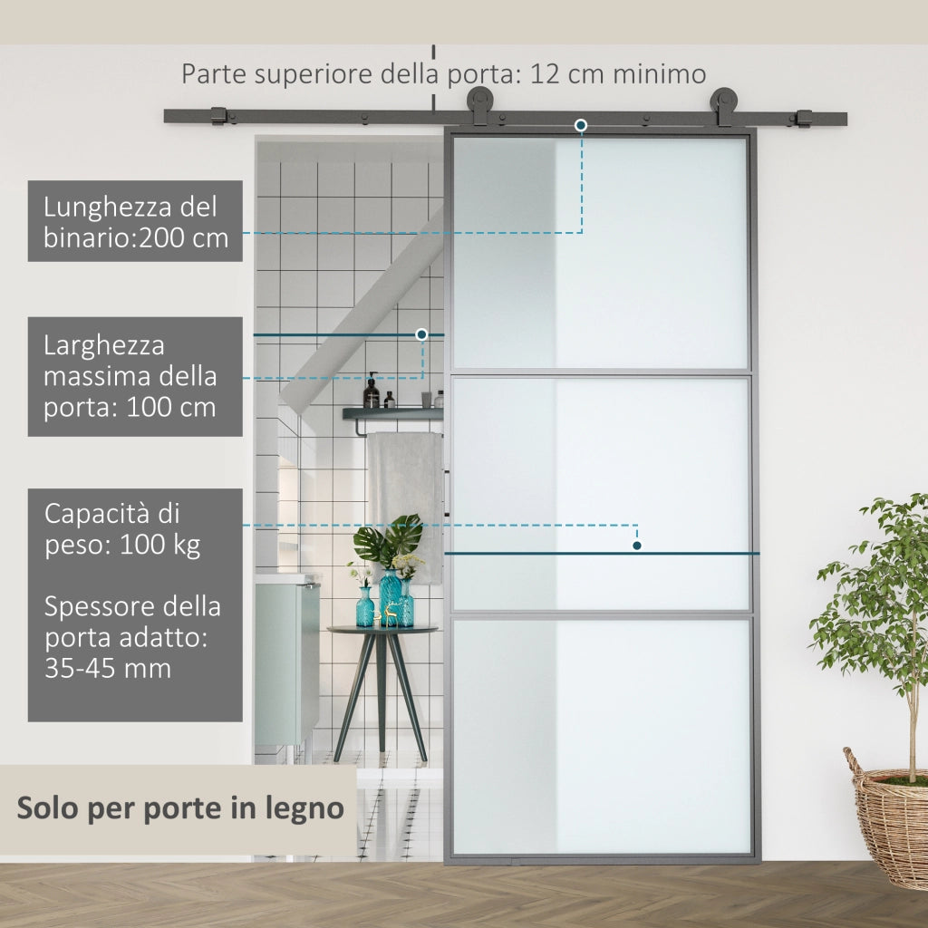 Kit Porta Scorrevole in Acciaio al Carbonio con Binari. Fermi e Guide. 200x40x0.6 cm. Nero