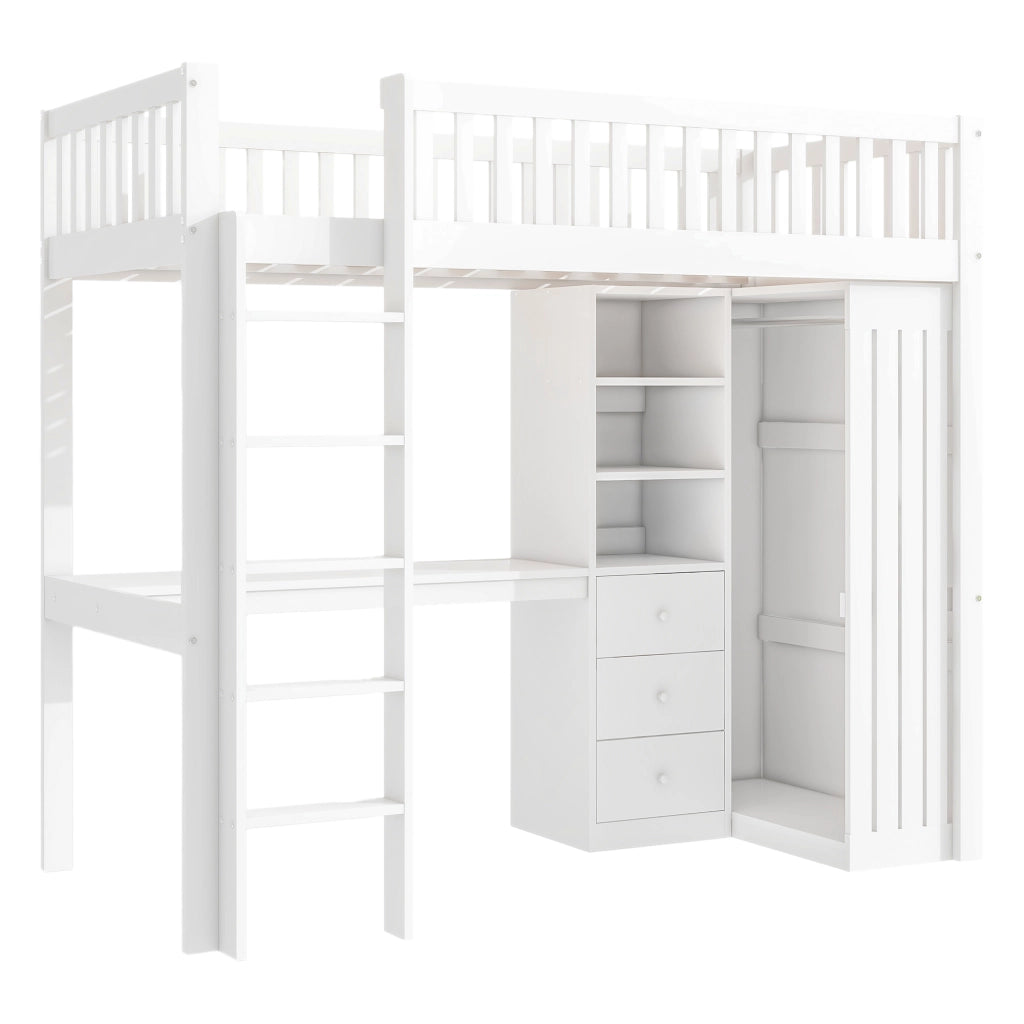 Letto a castello bianco in pino con scrivania armadio e 3 cassetti 90x200 cm