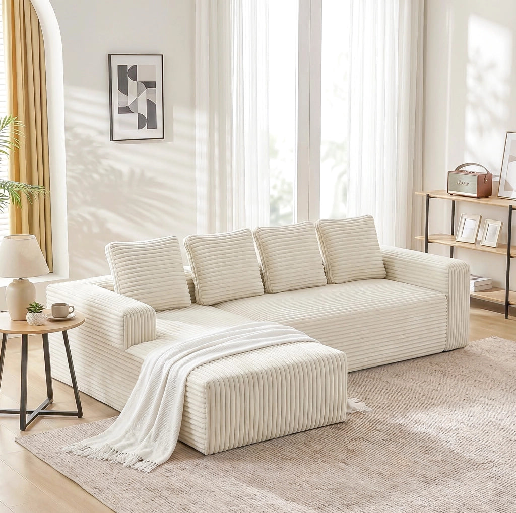 Divano modulare angolare a L con chaise longue reversibile; in velluto a coste beige; 261x168x58 cm