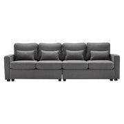 Divano Dritto 4 Posti con Tasche sui Braccioli e 4 Cuscini; Schienale Alto; Seduta Comfort in Lino Grigio Scuro