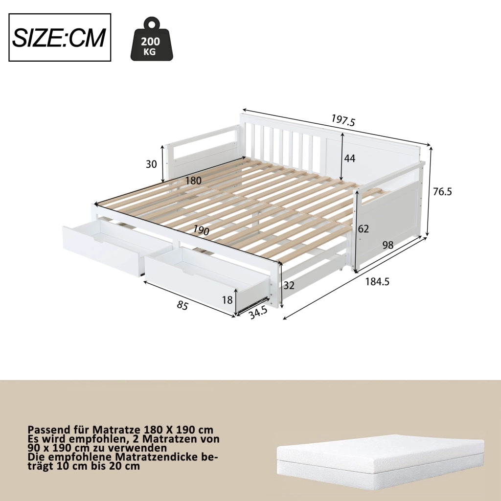 Letto estraibile con cassetti 90×190 cm e 180×190 cm; rete; senza materasso; legno; bianco