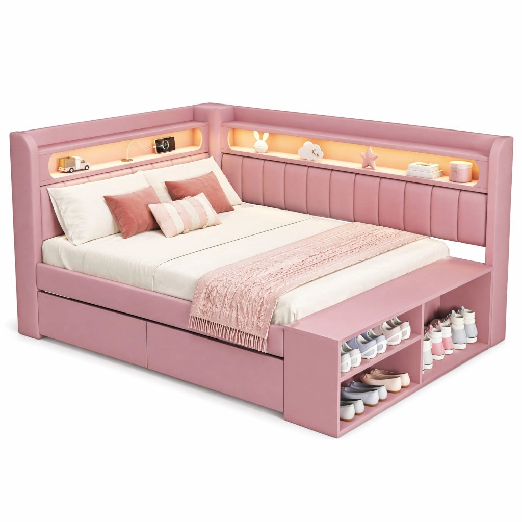 Letto singolo imbottito 90x200 cm rosa con LED e USB