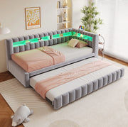 Sof脿 letto estraibile imbottito 90x200 cm in velluto grigio chiaro con LED; USB e Type-C