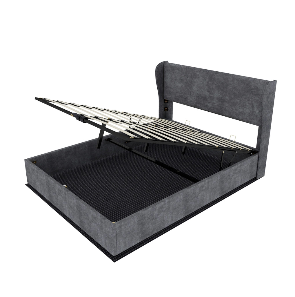 Letto imbottito ULEVR 140x200 cm con contenitore a gas e testiera in velluto grigio