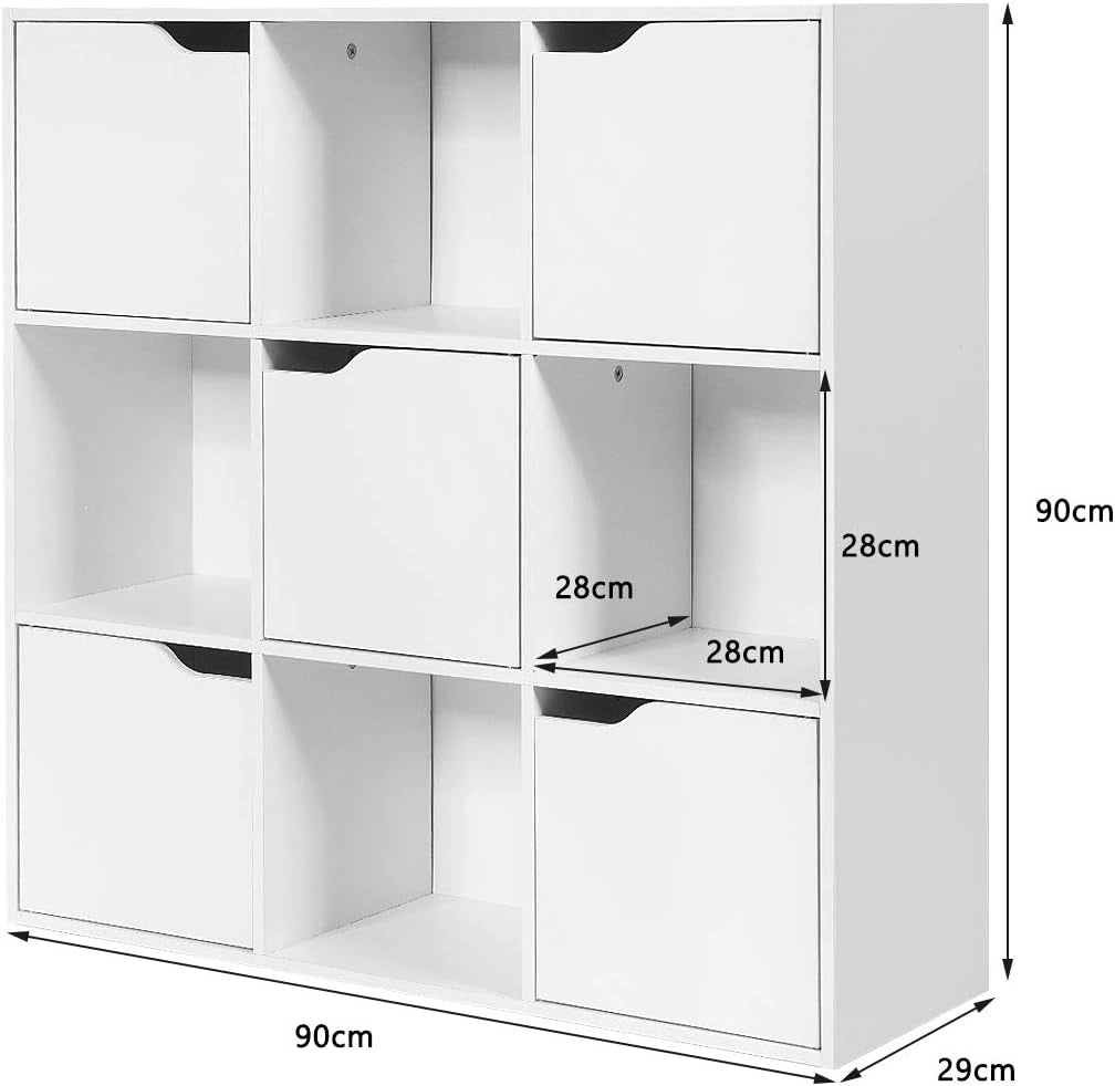 Armadietto Libreria a 3 Livelli, con 6/9 Scomparti, 3/5 Ante, Mobiletto Portalibri Moderno, Multiuso e Salvaspazio, Ideale per Soggiorno, Studio, Ufficio, Camera (Bianco, 90x29x90 cm)