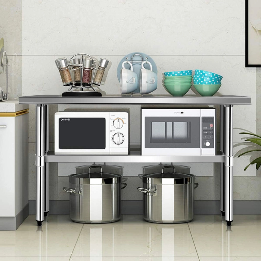 Tavolo da Lavoro in Acciaio Inox 122 x 61 x 90 Professionale, Bancone in Acciaio con Ripiano Regolabile, Mobile con Piano di Lavoro Preparazione di Alimenti, per Cucina e Ristorante
